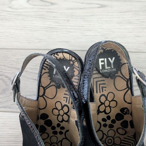 Fly London Pyle Wedges Pumps Black Open Peep Toe Buckle Size 40 (9.5) - Picture 4 of 9